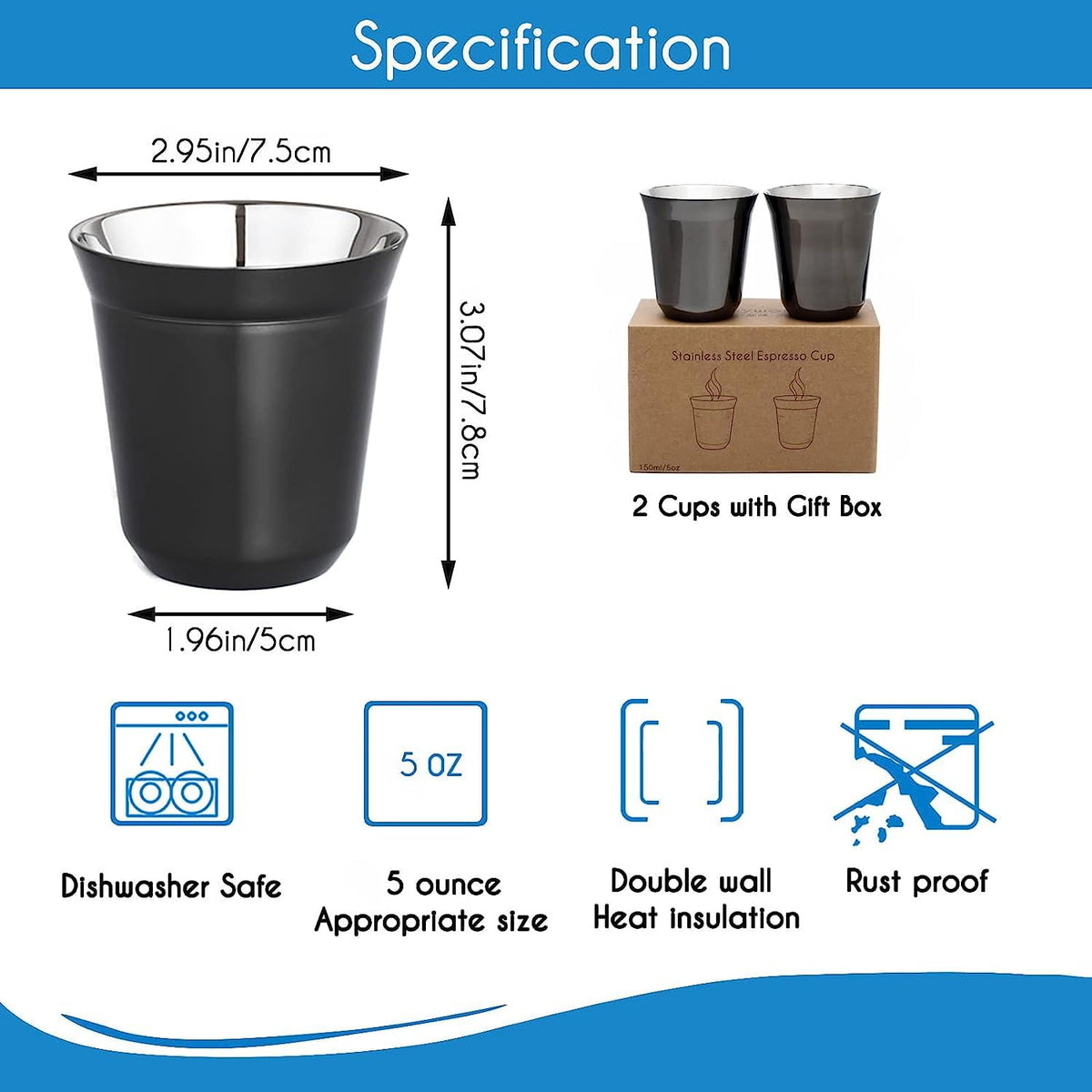 French Press 12 oz, Stainless Steel Espresso Cup 2pcs Set Double Wall Insulated 5 oz I6389