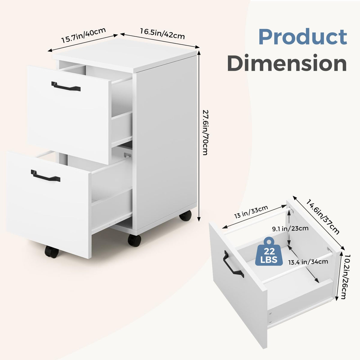 2 Drawer White Rolling Wood File Cabinet B6660