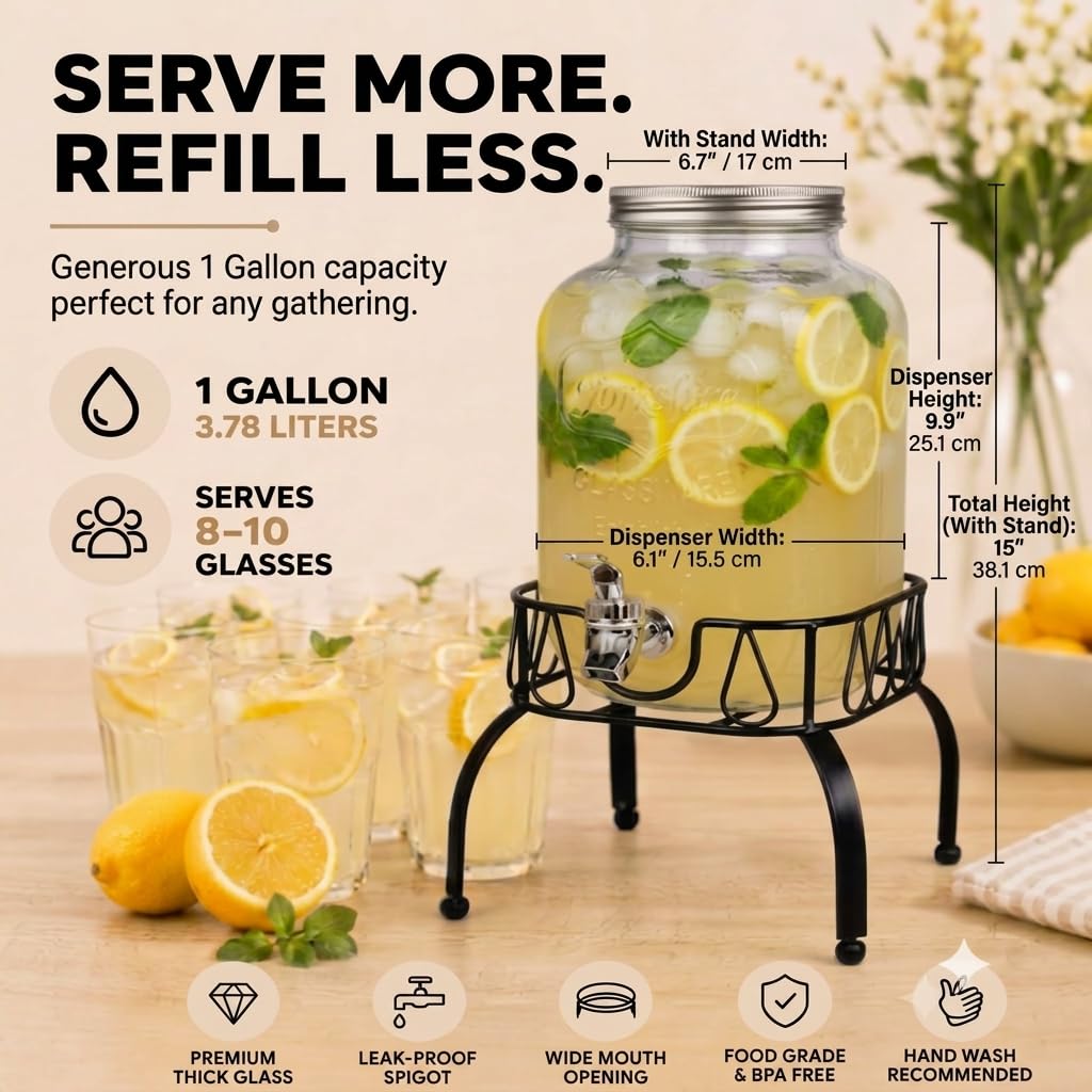 Glass 1 Gallon Drink Dispenser with Stand and Spigot I6192