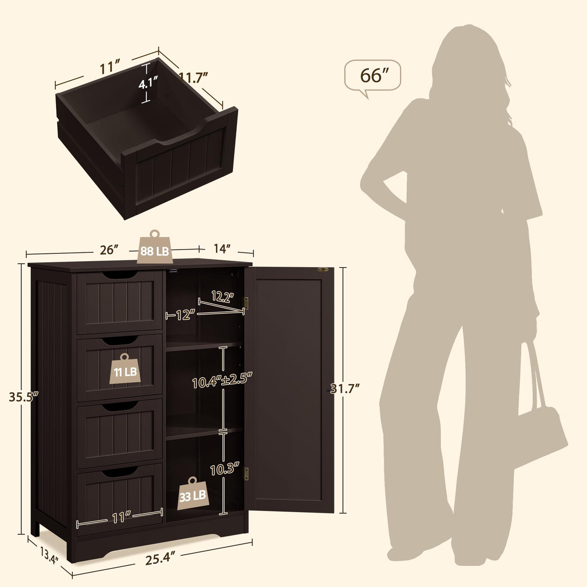 Espresso 4 Drawer Bathroom Storage Cabinet V70577