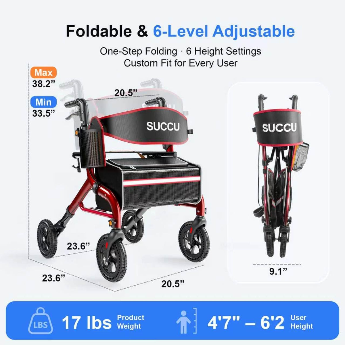 Red 8" All-Terrain Rollator Walker V8977