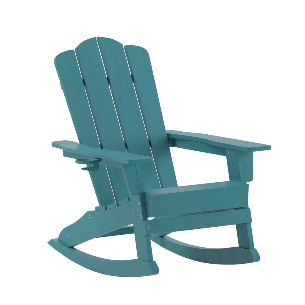 Blue HDPE Adirondack Rocking Chair with Cup Holder I876149