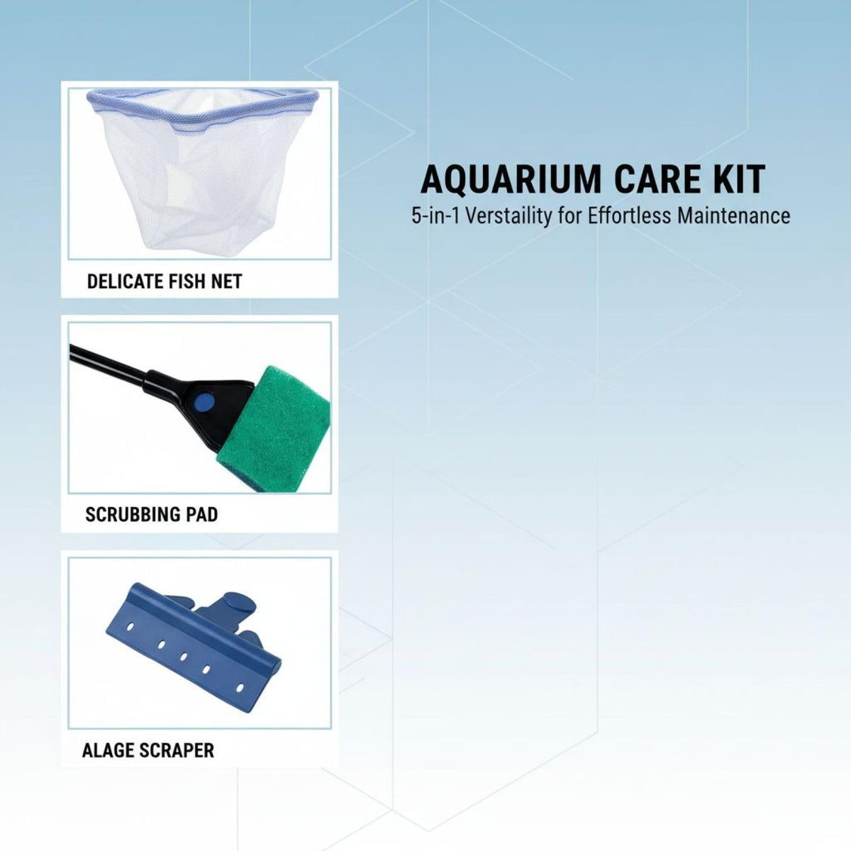 5 in 1 Aquarium Cleaning Kit with Algae Scraper Gravel Rake Fish Net and Brush D3597