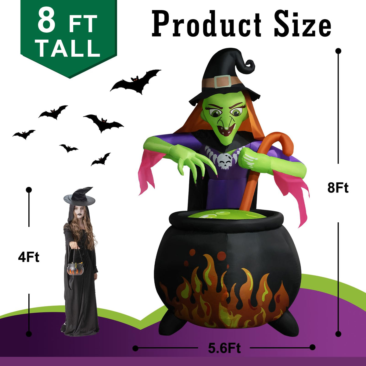 8Ft Tall Halloween Inflatable Witch Cauldron with 4 Led Lights J5775