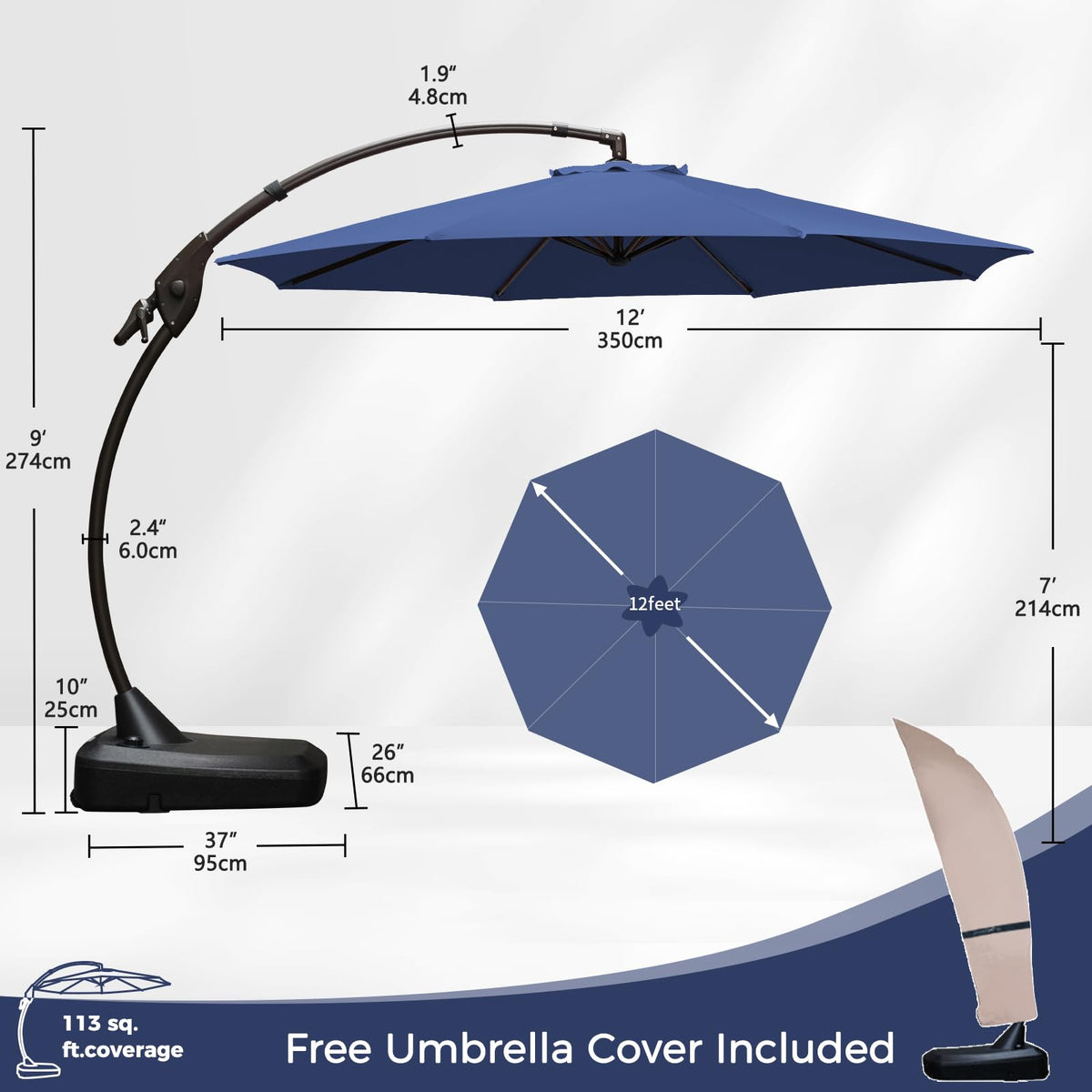 12FT Cantilever Round Umbrella with Base & Cover Navy Blue X967