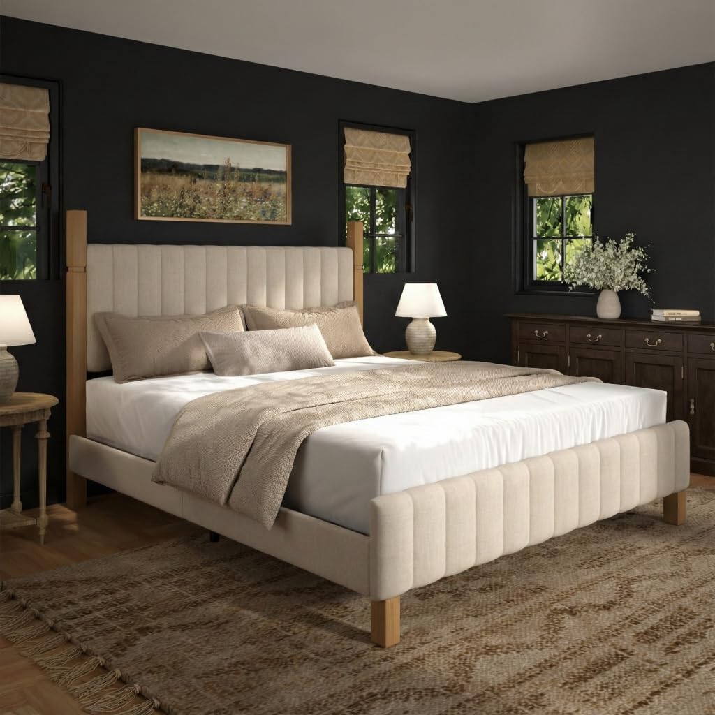 Queen Size Beige Linen Bed Frame with Headboard J535