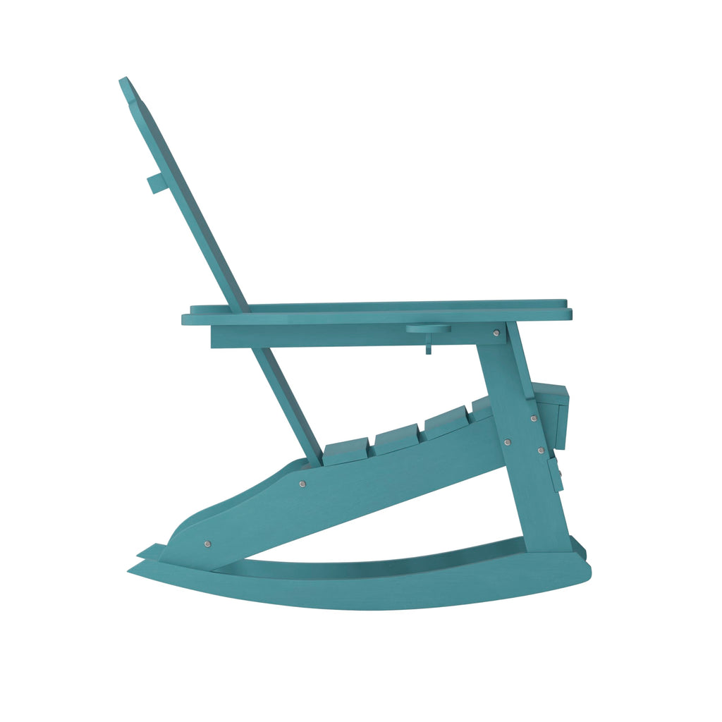 Blue HDPE Adirondack Rocking Chair with Cup Holder I876149