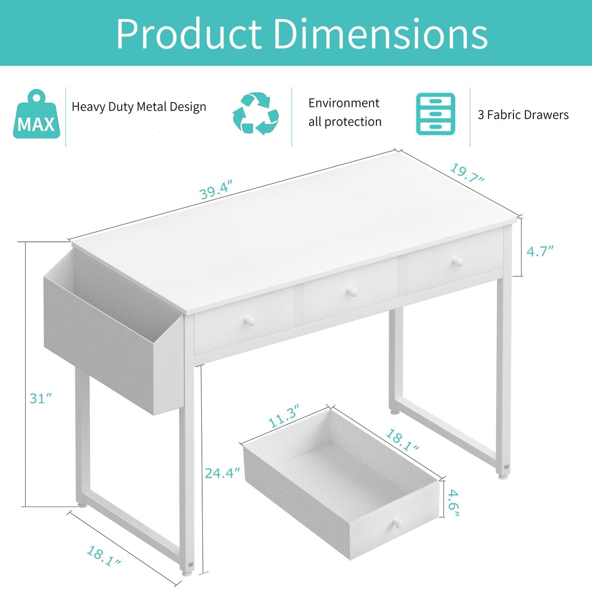 White 40 Inch Computer Desk with Drawers U690122