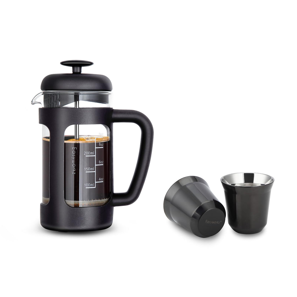 French Press 12 oz, Stainless Steel Espresso Cup 2pcs Set Double Wall Insulated 5 oz I6389