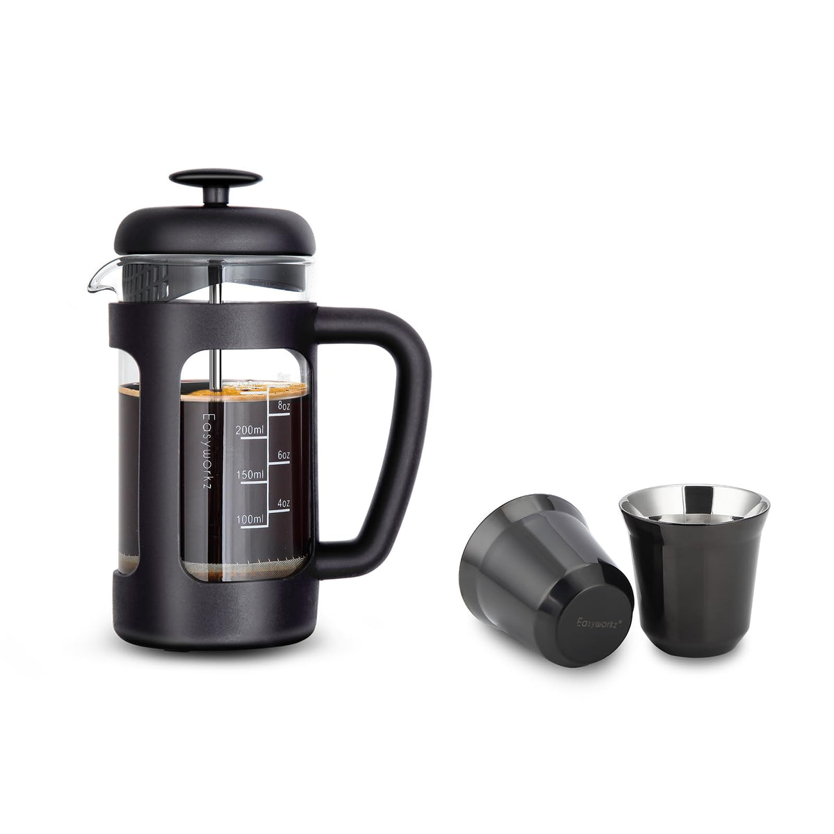 French Press 12 oz, Stainless Steel Espresso Cup 2pcs Set Double Wall Insulated 5 oz I6389