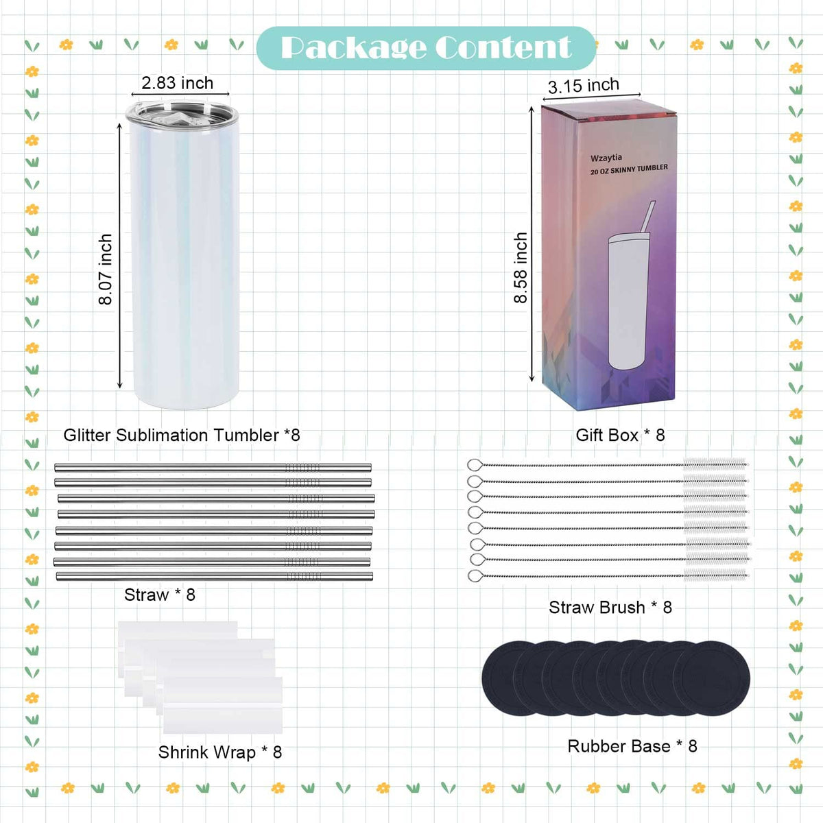 20 Oz 8 Pack Stainless Steel Glitter Sublimation Tumblers Z38055