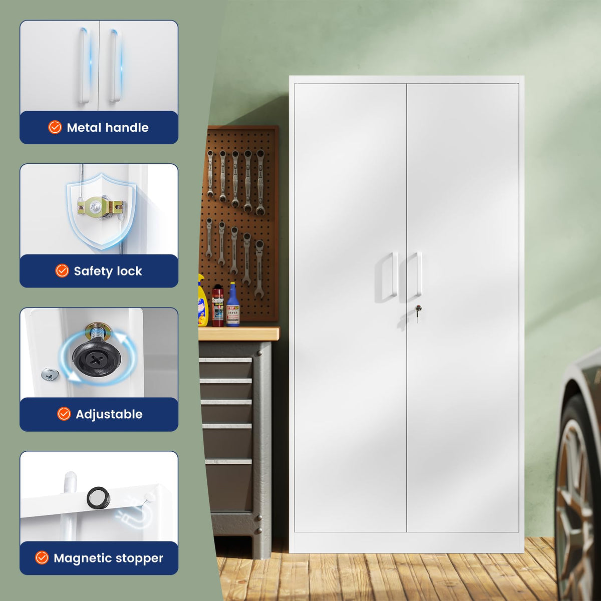 White Metal Storage Cabinet with 2 Doors and 5 Adjustable Shelves R9442