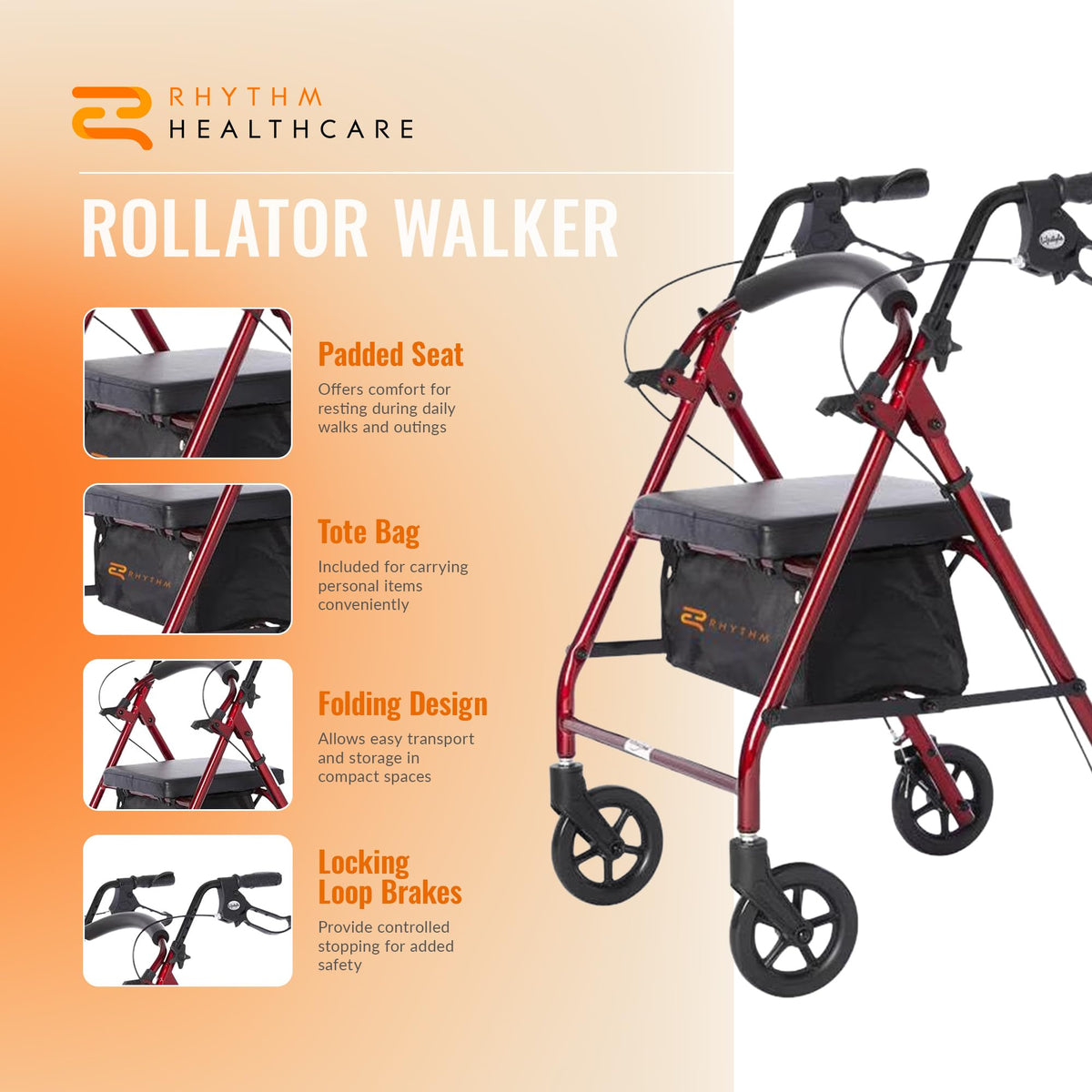 Red Aluminum 4 Wheel Rollator with Padded Seat D93820