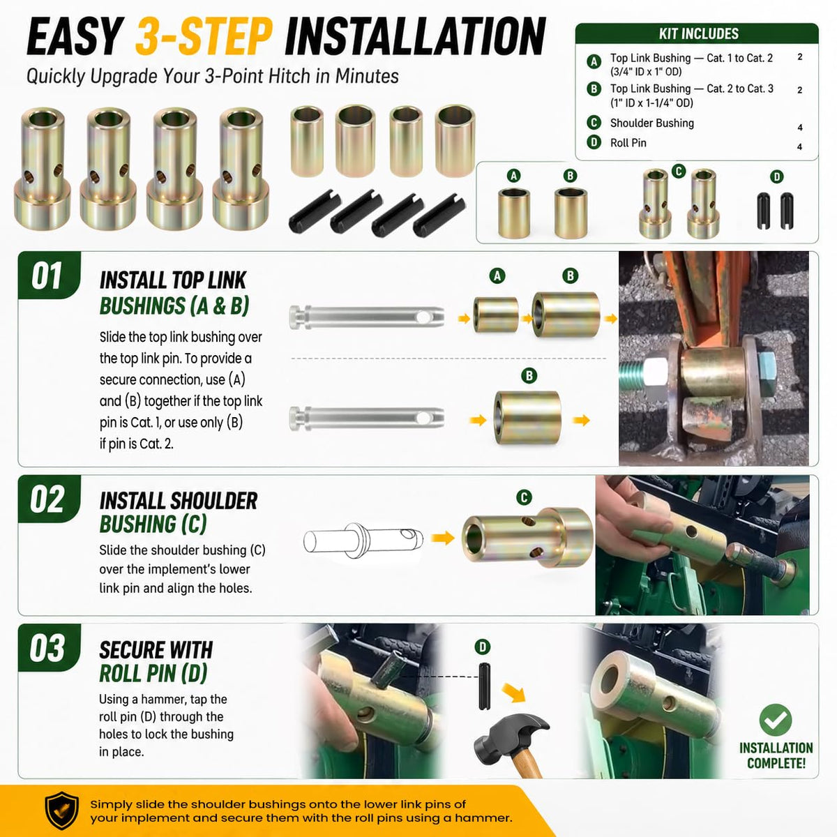 Quick Hitch Bushing Kit for Category 1 3-Point Hitch Tractors M338