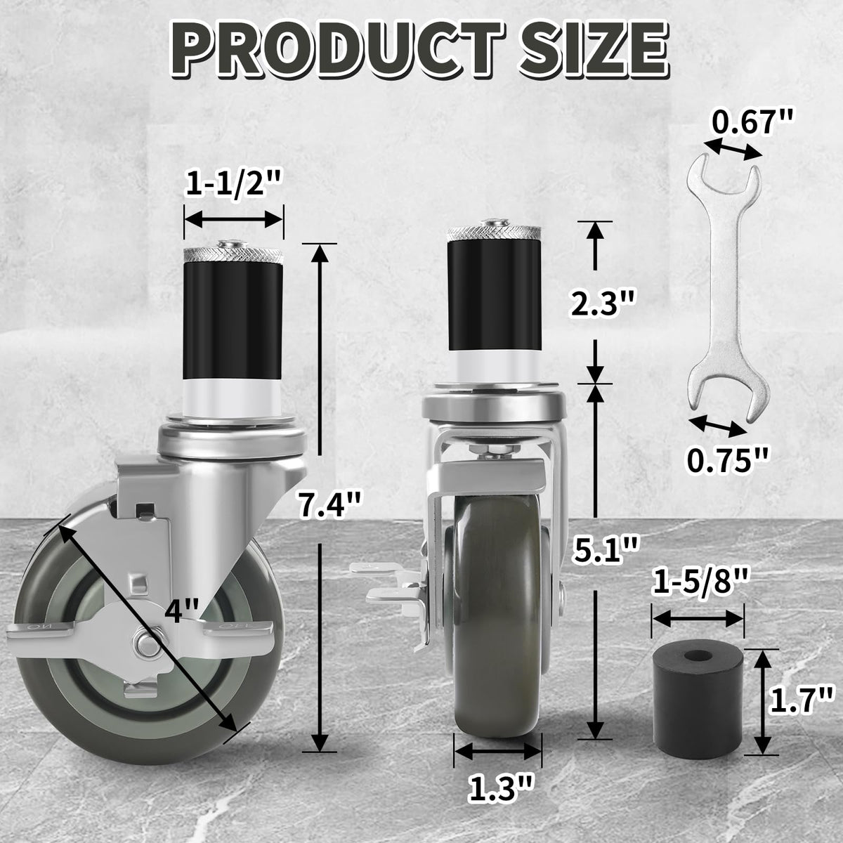 4 Inches Stem Caster Set of 4 with Side Brake P661345