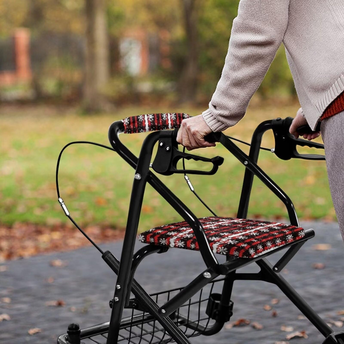 Snowflake Red Plaid Rollator Walker Seat and Backrest Cover Set Q65076