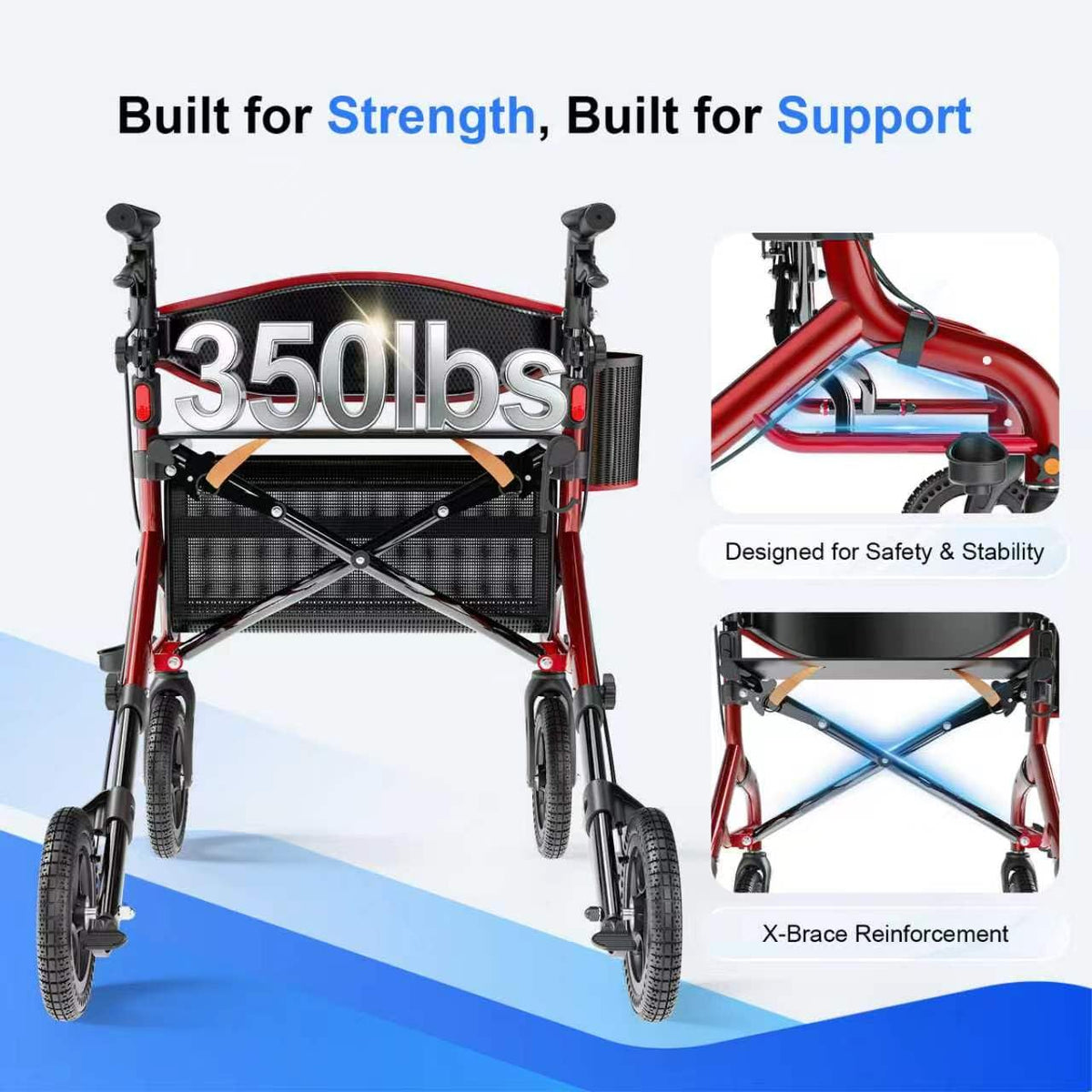 Red 8" All-Terrain Rollator Walker V8977