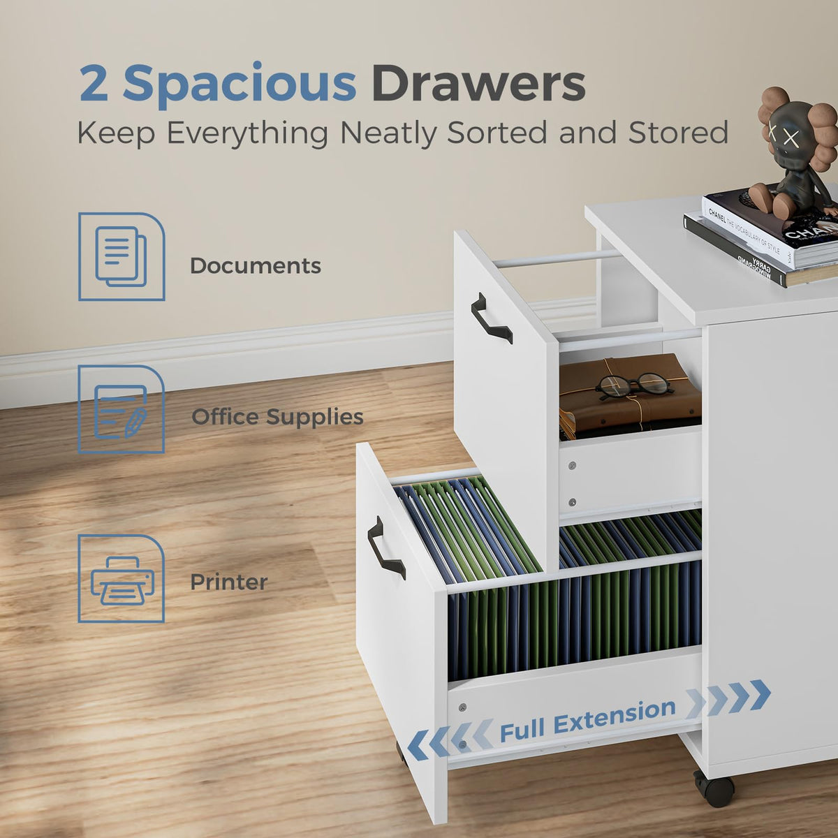 2 Drawer White Rolling Wood File Cabinet B6660