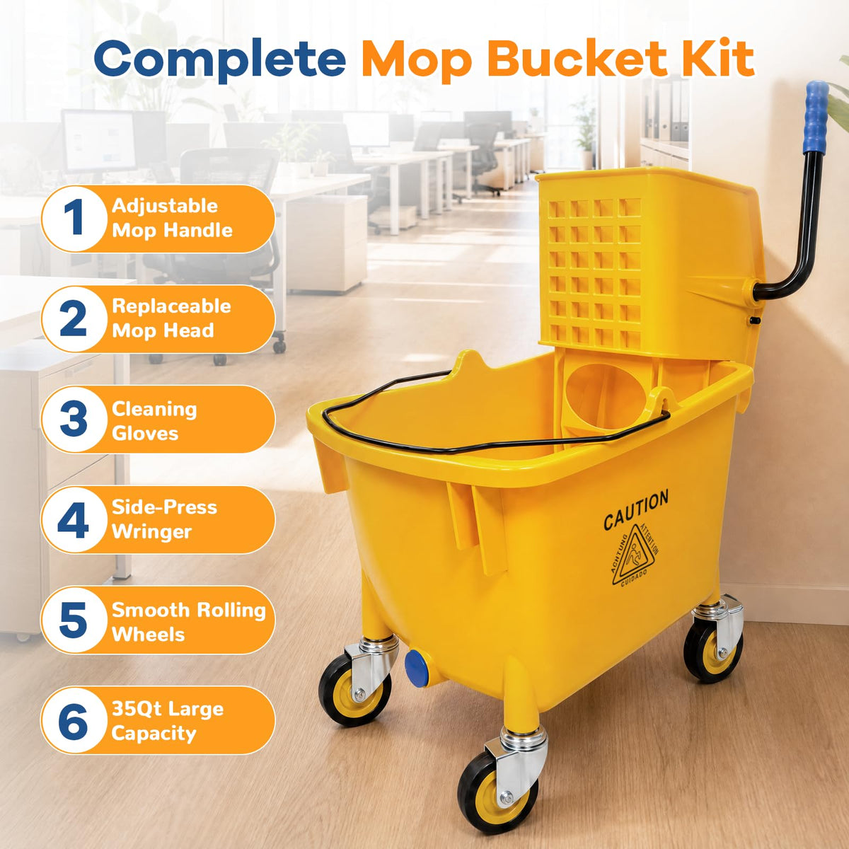 35 Quart Mop Bucket with Side Press Wringer on Wheels Q8041