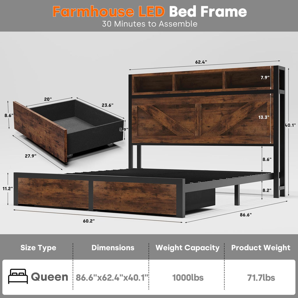 Queen Bed Frame with Bookcase Storage Headboard and 2 Storage Drawers N398