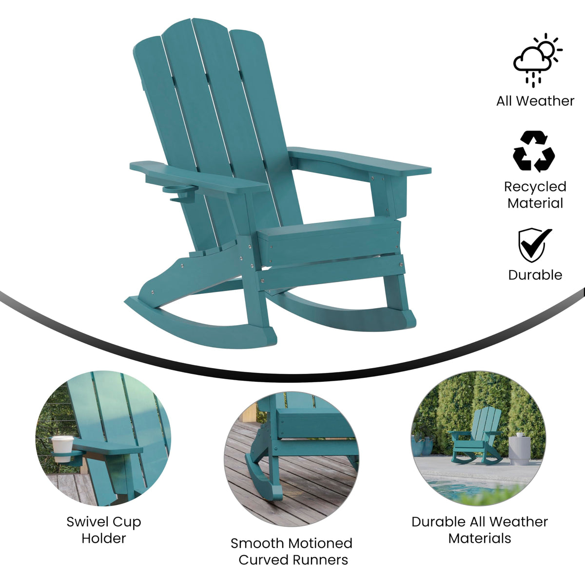 Blue HDPE Adirondack Rocking Chair with Cup Holder I876149