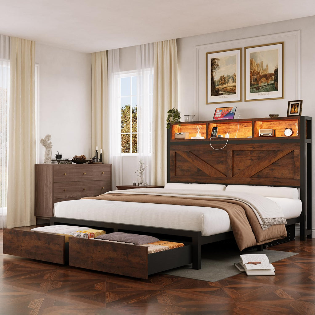 Queen Bed Frame with Bookcase Storage Headboard and 2 Storage Drawers N398