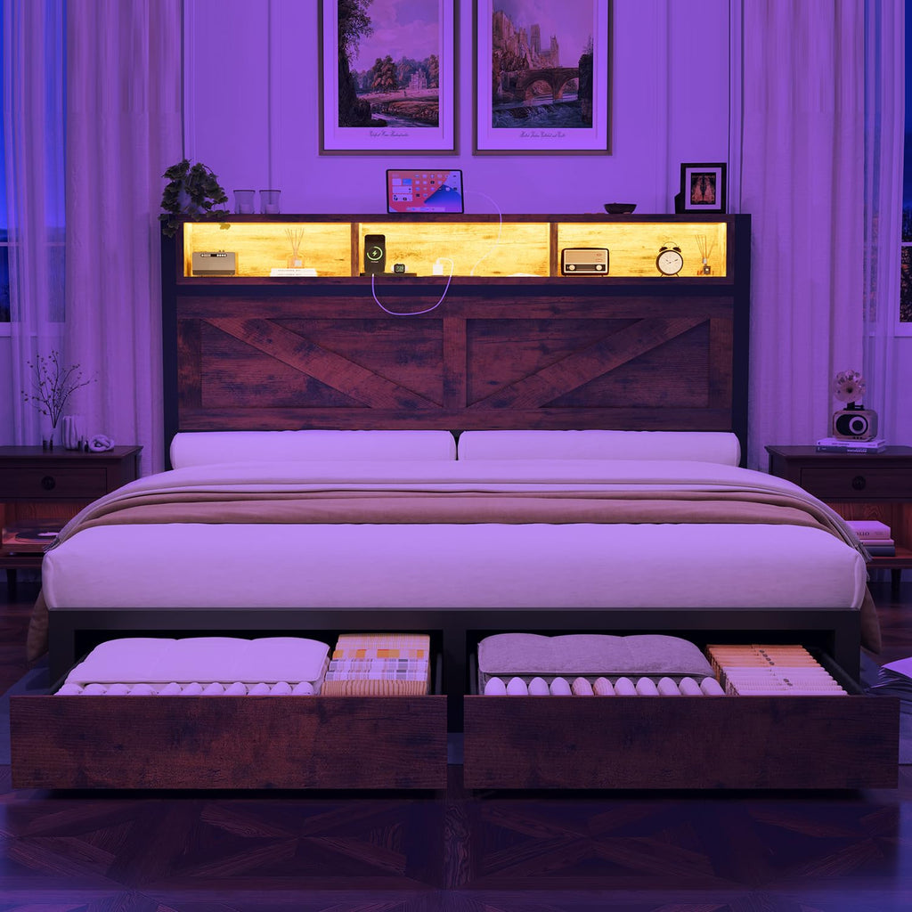 Queen Bed Frame with Bookcase Storage Headboard and 2 Storage Drawers N398