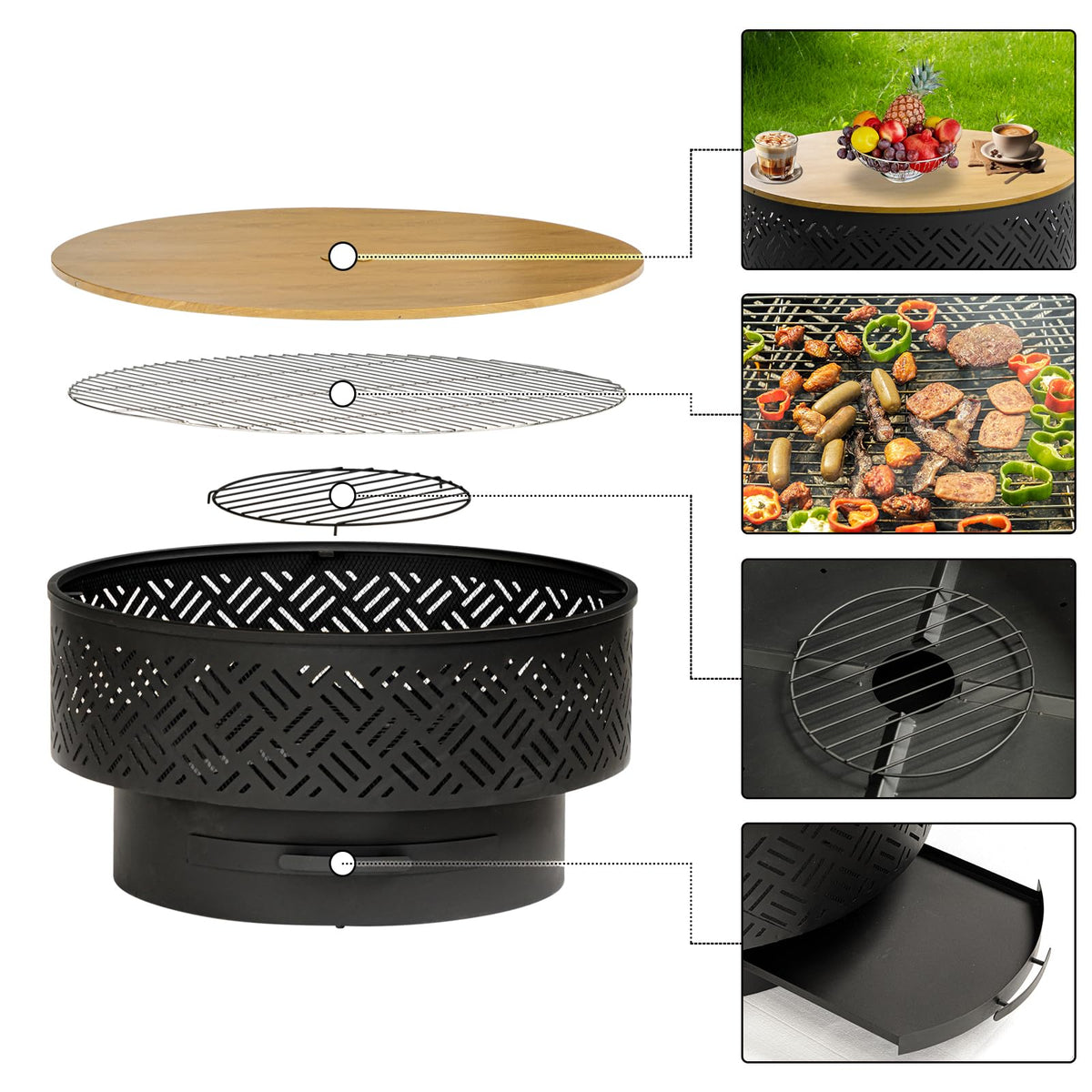 32 Inch Wood Burning Fire Pit with Grill & Lid V68845
