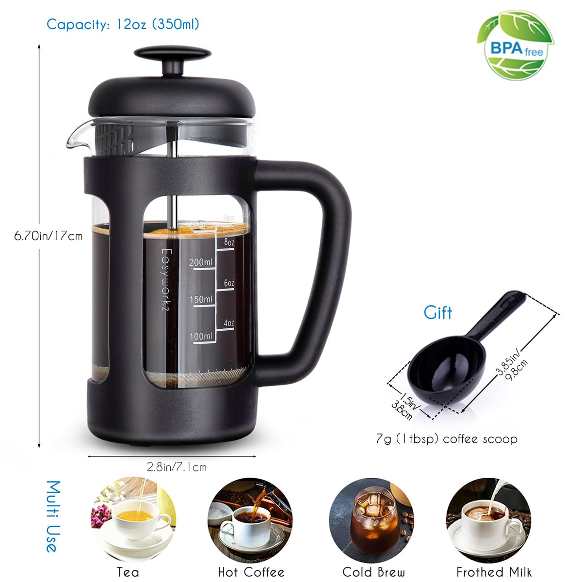 French Press 12 oz, Stainless Steel Espresso Cup 2pcs Set Double Wall Insulated 5 oz I6389