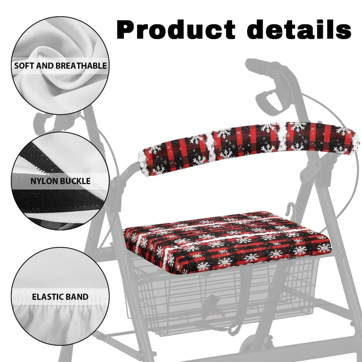 Snowflake Red Plaid Rollator Walker Seat and Backrest Cover Set Q65076