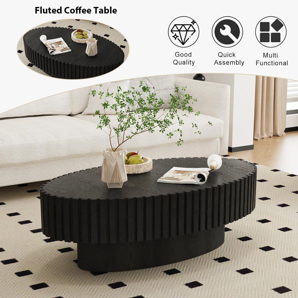 Black Oval Fluted Coffee Table C8370