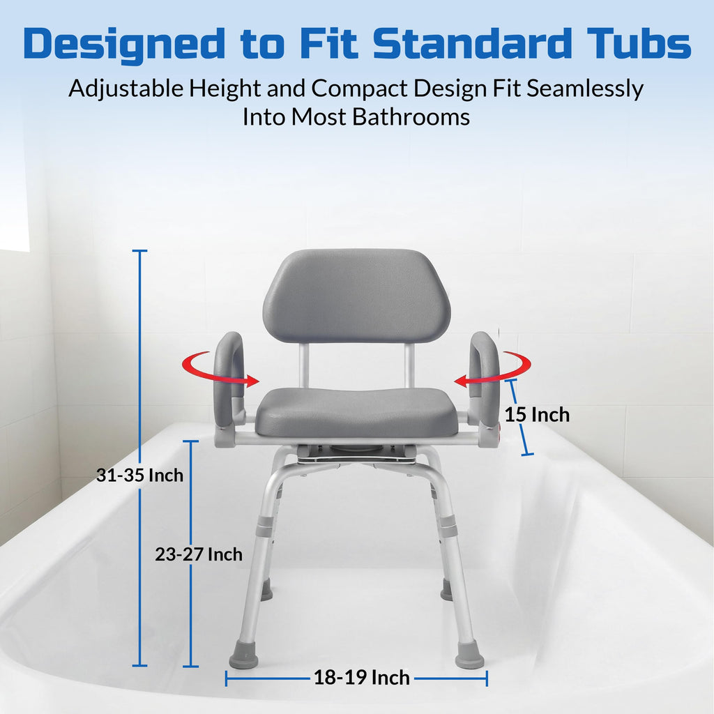 Gray Pivoting Shower Chair with Padded Back and Arms I87582
