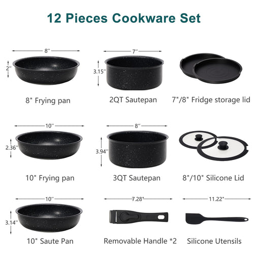 12-Piece Nonstick Cookware Set with Detachable Handle, Black D252660