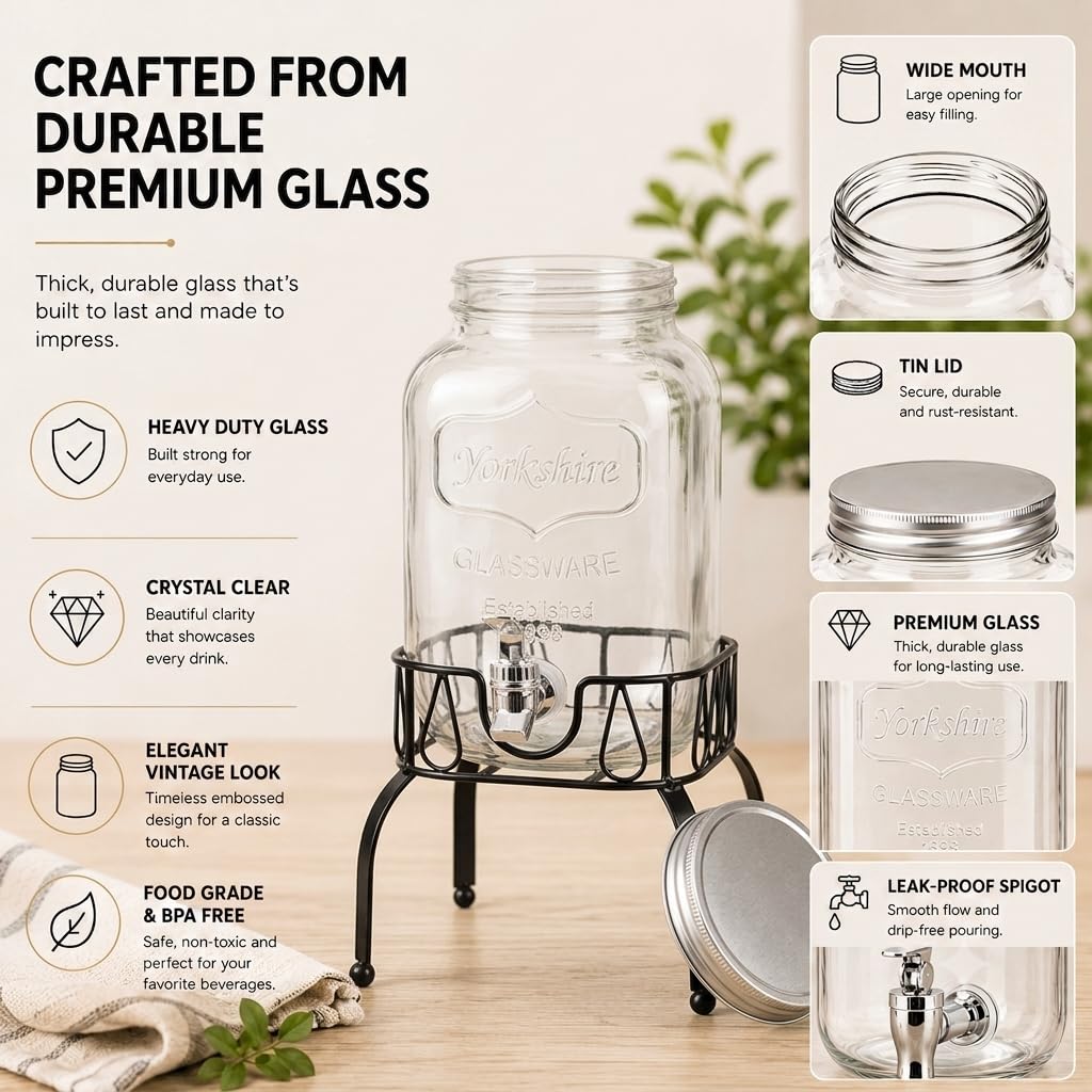 Glass 1 Gallon Drink Dispenser with Stand and Spigot I6192