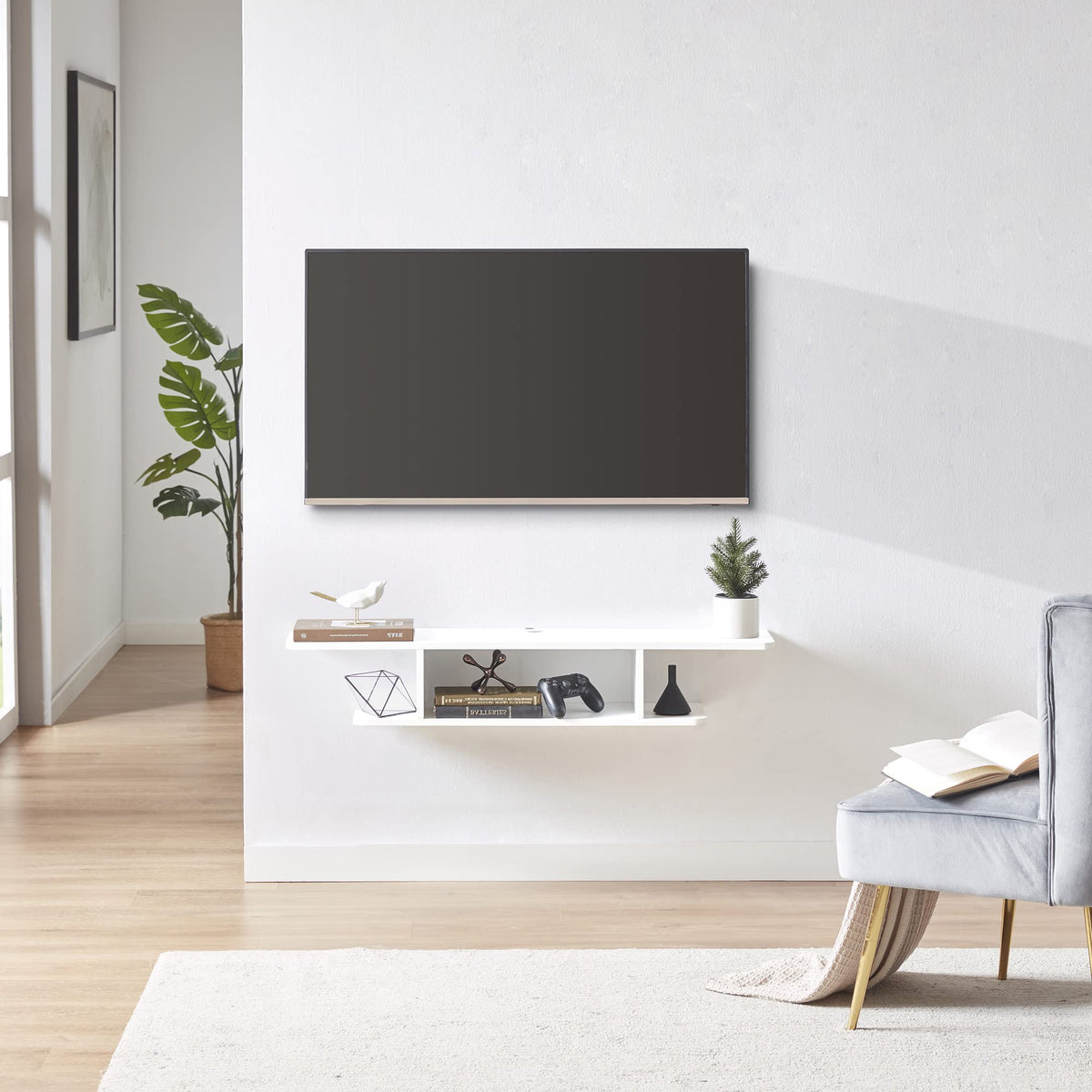 White Floating Wall Mounted TV Stand with Storage Y148647