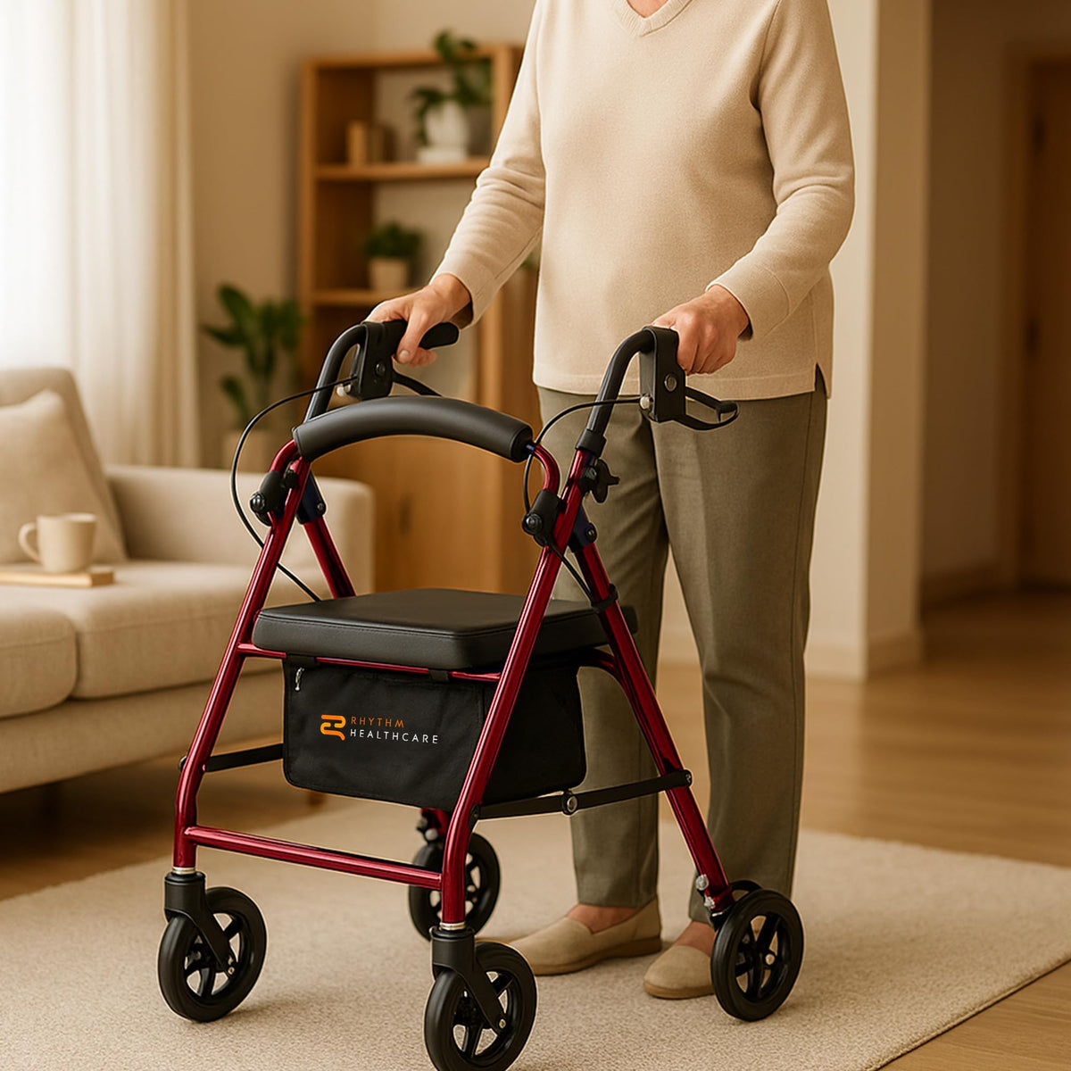Red Aluminum 4 Wheel Rollator with Padded Seat D93820