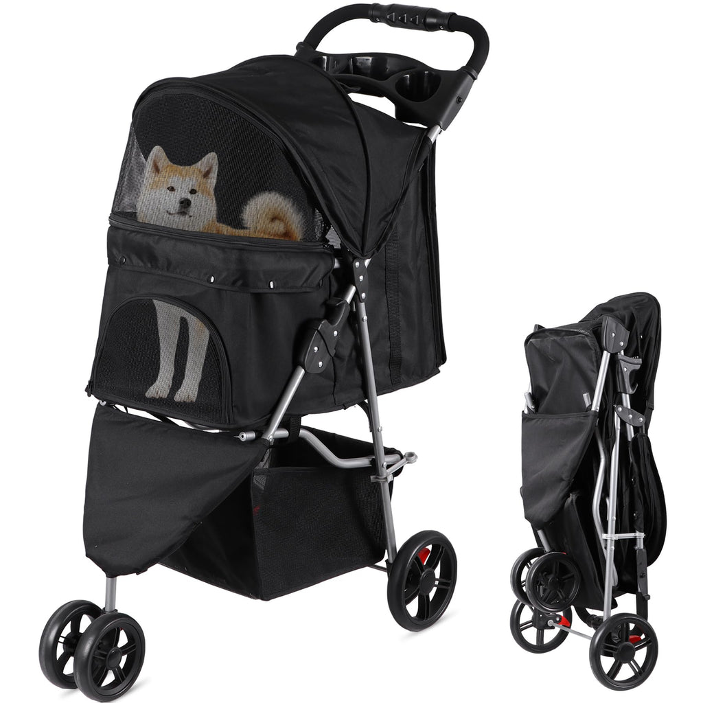 Foldable Pet Stroller with Weather Cover, Storage Basket and Cup Holder D31798