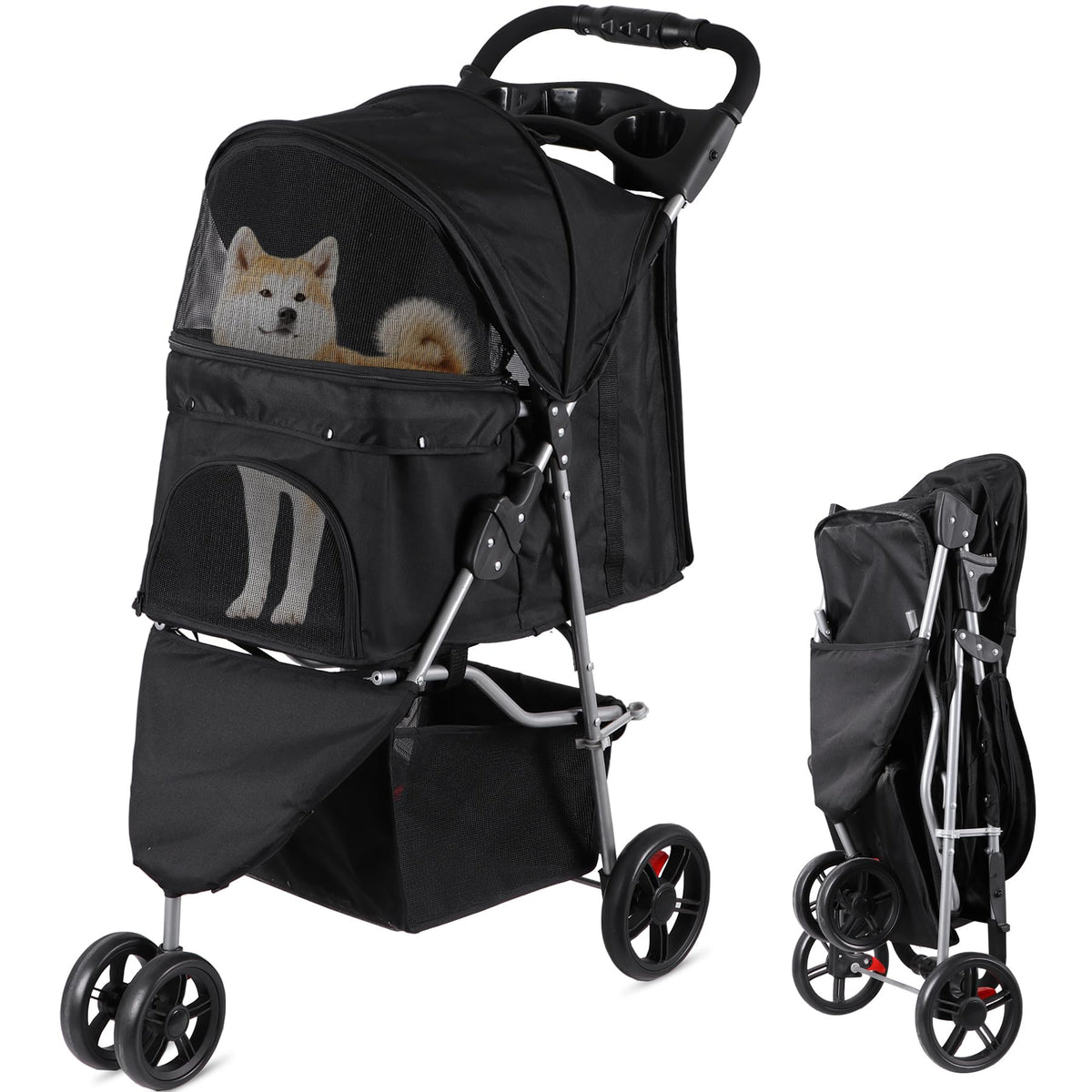 Foldable Pet Stroller with Weather Cover, Storage Basket and Cup Holder D31798