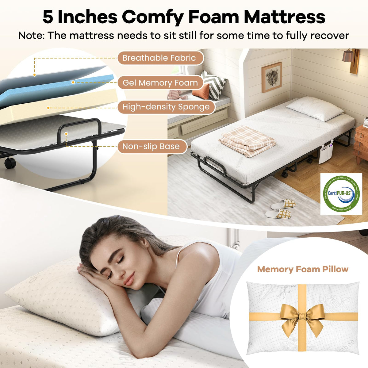 Twin Folding Bed with 5 Inch Mattress and Metal Frame U8642