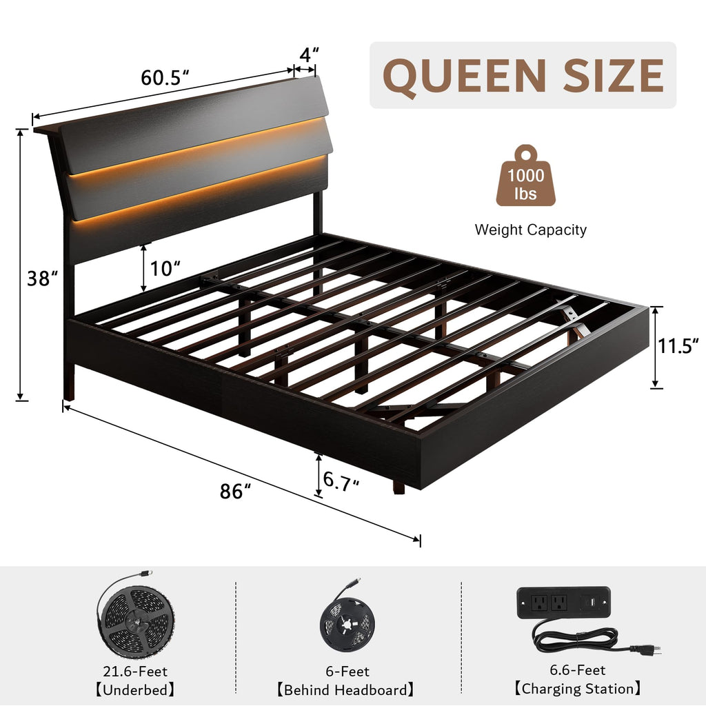 Queen Floating Bed Frame with LED Lights & Charging Station U636819