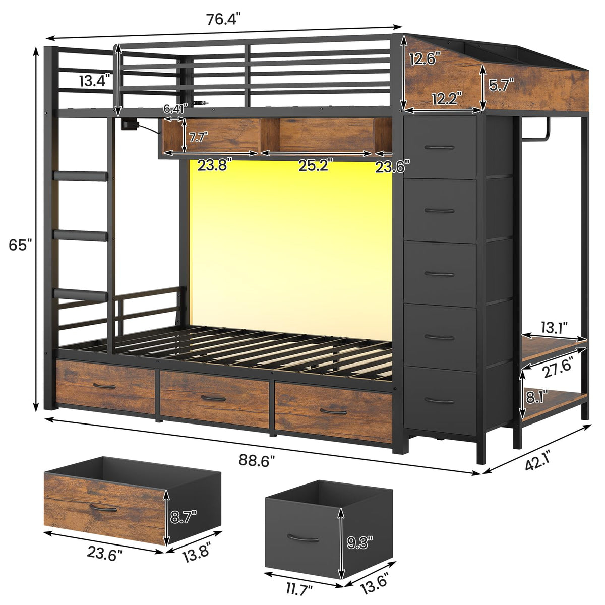 Twin Over Twin Bunk Bed with 8 Storage Drawers and Power Outlets, LED Metal Bunk Bed with Ladder, Black Q797310
