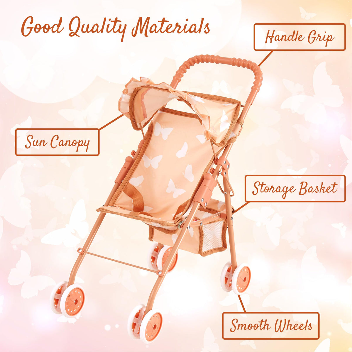 Baby Doll Stroller with Storage Basket, Foldable Frame, Canopy, Seatbelt K868