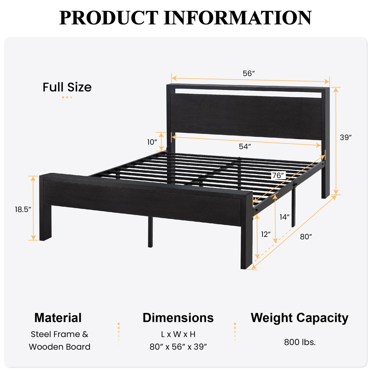 Full Size Bed Frame with Wooden Headboard and Footboard Q21725