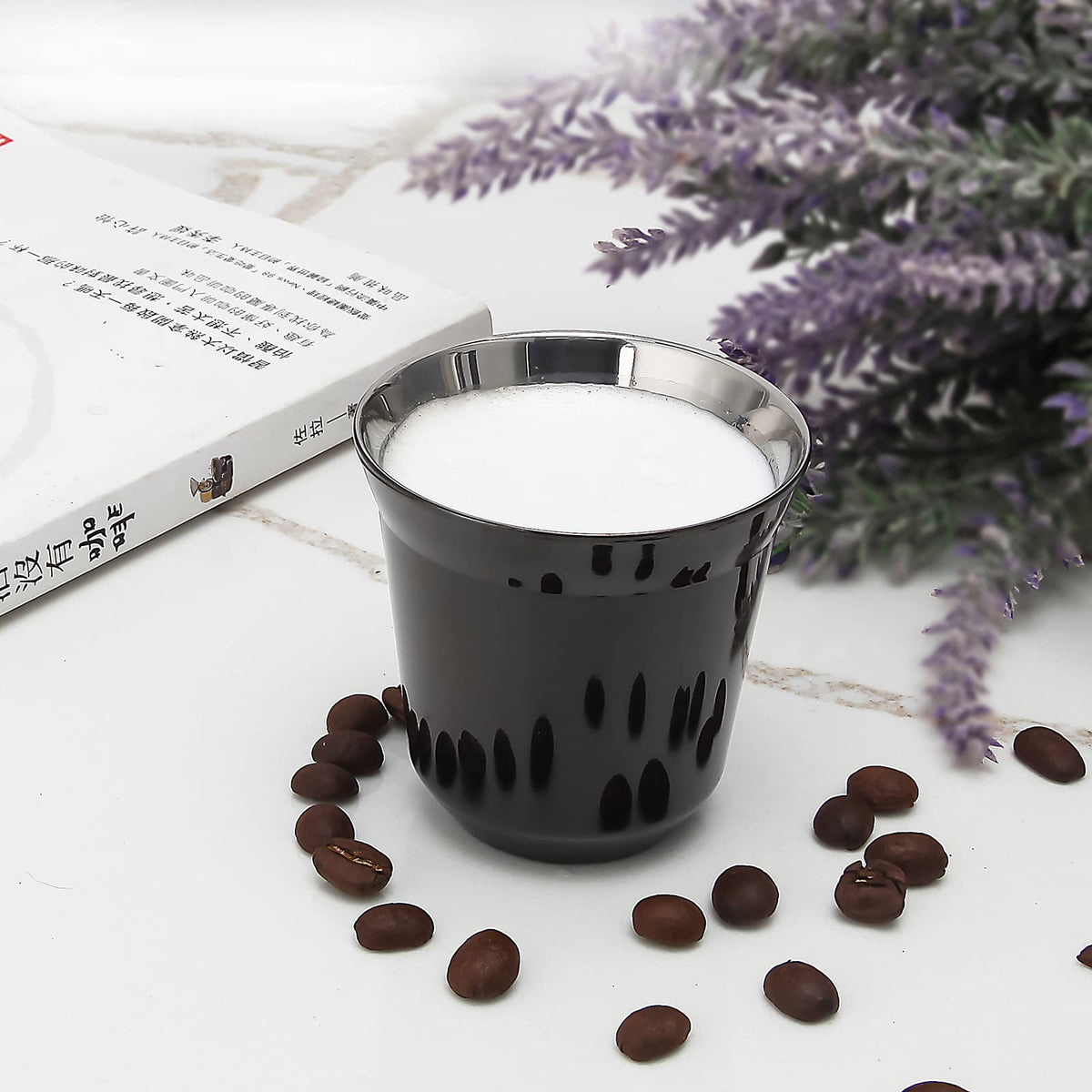 French Press 12 oz, Stainless Steel Espresso Cup 2pcs Set Double Wall Insulated 5 oz I6389