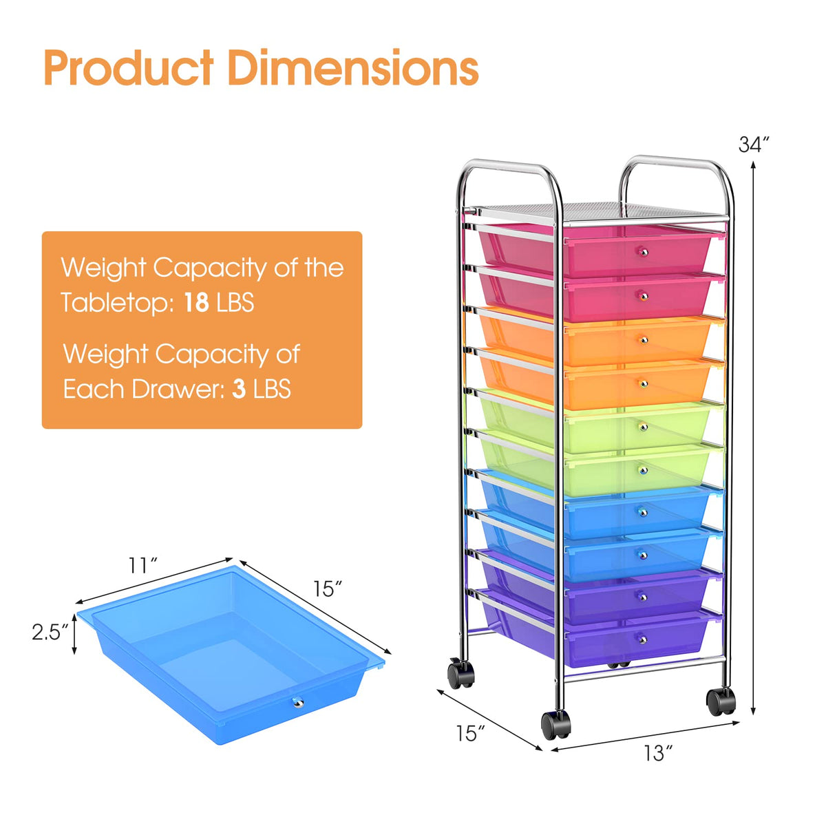 10 Drawer Multicolor Rolling Storage Cart I19787
