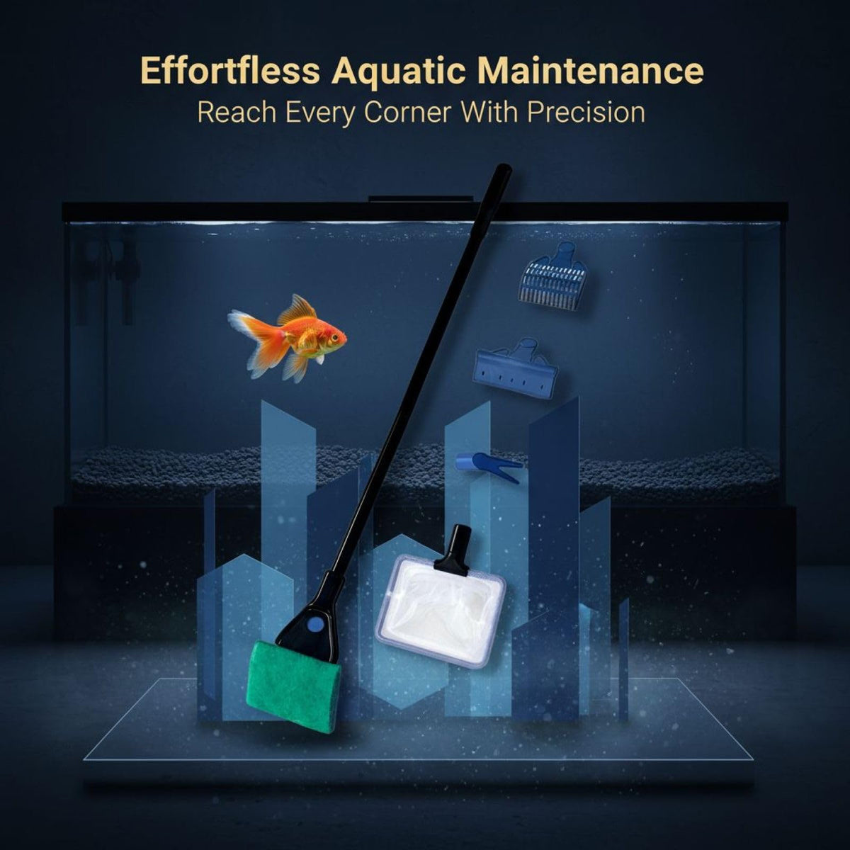 5 in 1 Aquarium Cleaning Kit with Algae Scraper Gravel Rake Fish Net and Brush D3597