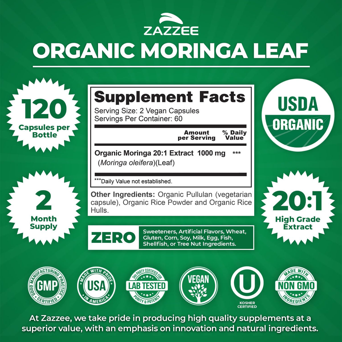 USDA Organic Moringa Leaf 20:1 Extract 120 Vegan Capsules W471