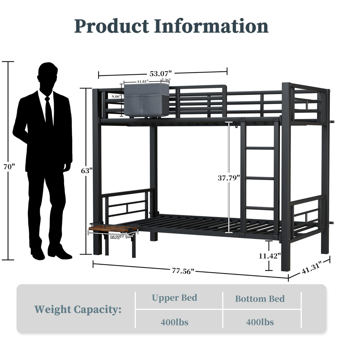 Twin Over Twin Heavy Duty Metal Bunk Bed with Guardrail J64708