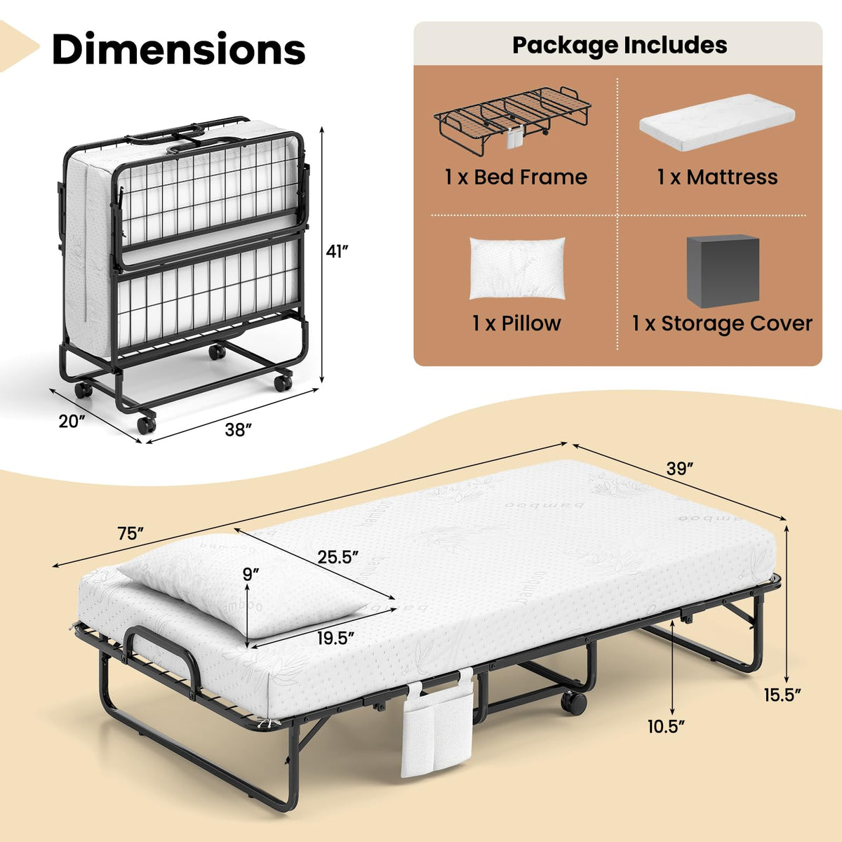 Twin Folding Bed with 5 Inch Mattress and Metal Frame U8642