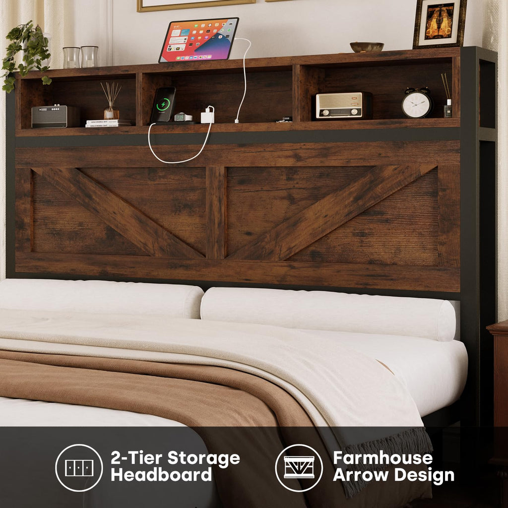 Queen Bed Frame with Bookcase Storage Headboard and 2 Storage Drawers N398
